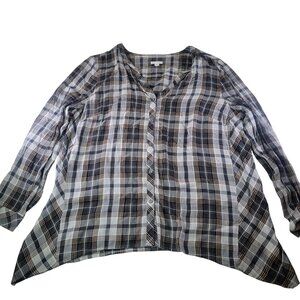 J.Jill Women Black & Beige Plaid Button-Front Long-Sleeve Blouse Size M